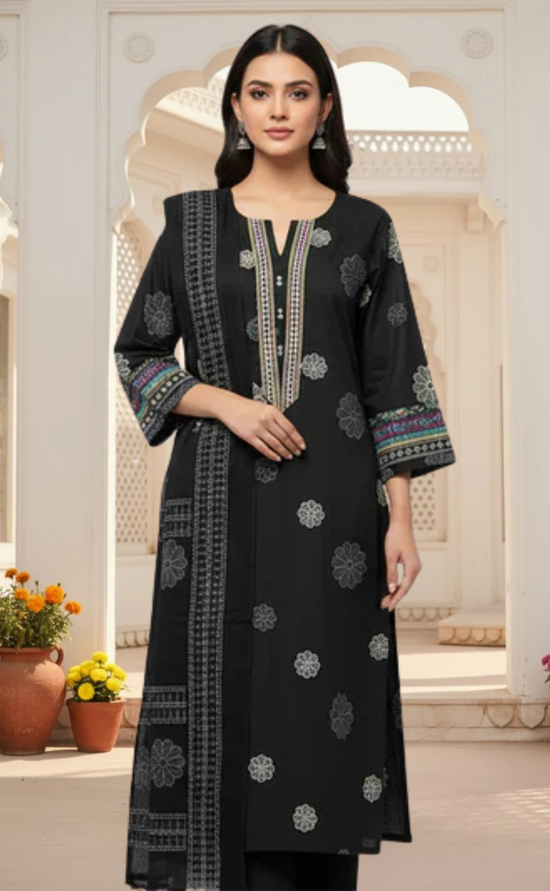 Black Floral Jaipur Cotton Kurti With Pant And Dupatta Set. Pure Versatile Cotton. | Laces and Frills