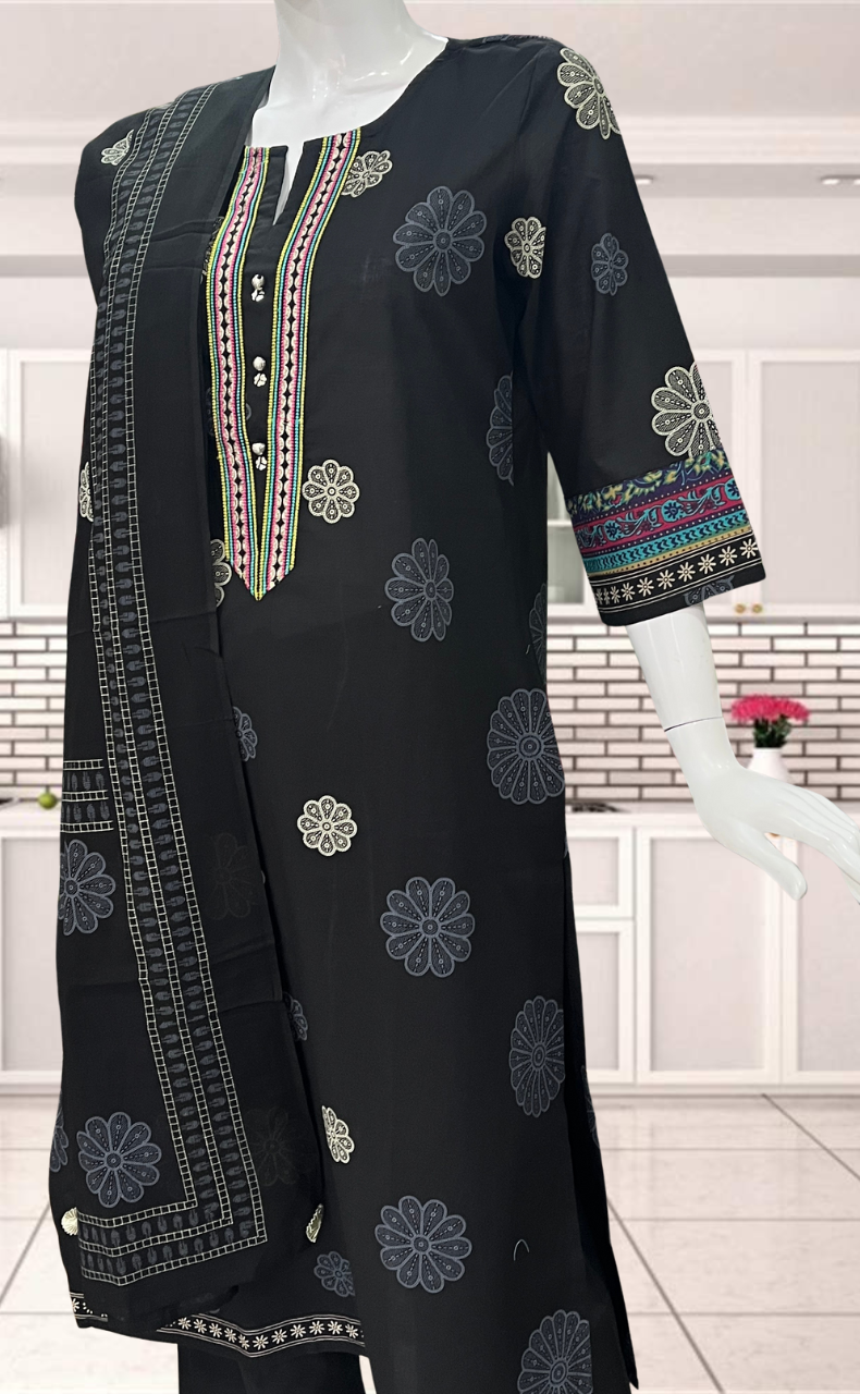 Black Floral Jaipur Cotton Kurti With Pant And Dupatta Set. Pure Versatile Cotton. | Laces and Frills