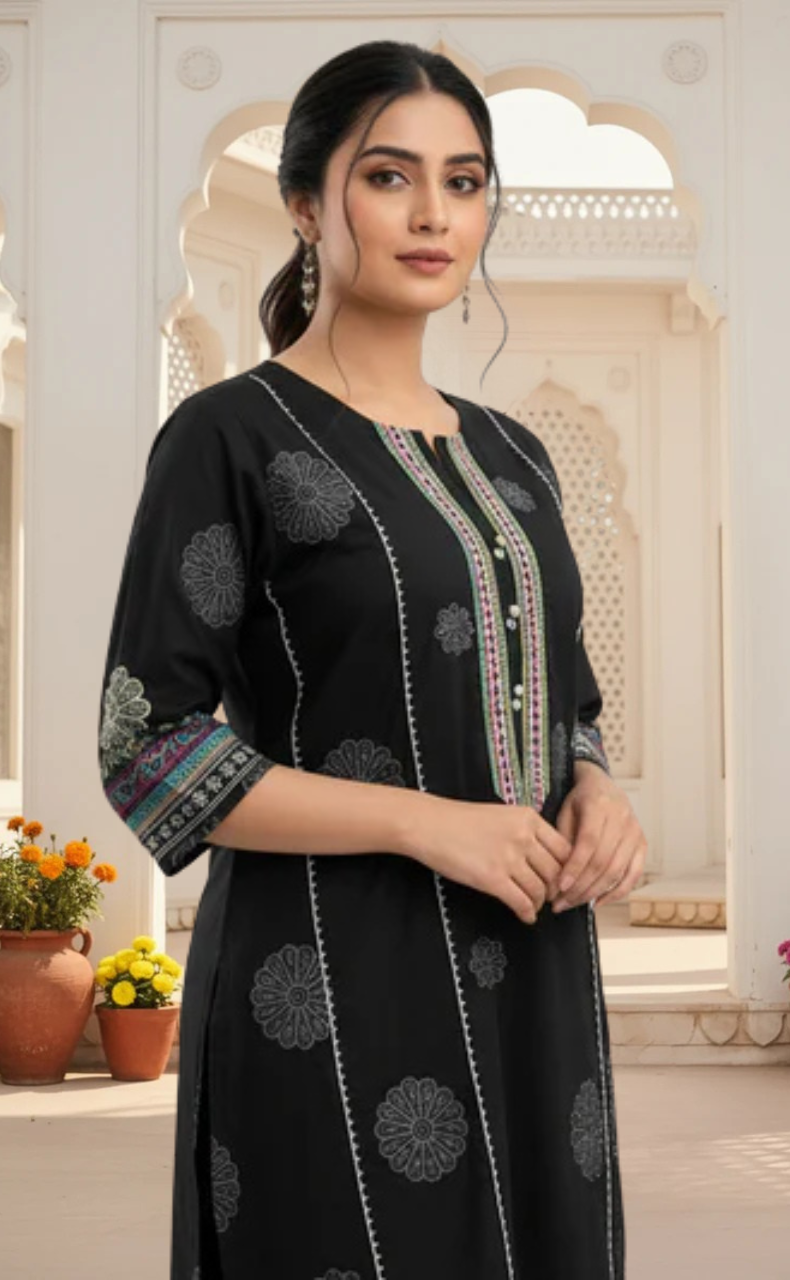 Black Floral Jaipur Cotton Kurti With Pant And Dupatta Set. Pure Versatile Cotton. | Laces and Frills