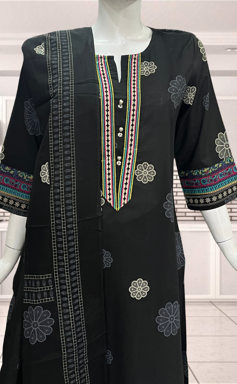 Black Floral Jaipur Cotton Kurti With Pant And Dupatta Set. Pure Versatile Cotton. | Laces and Frills