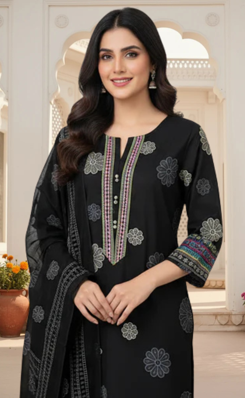 Black Floral Jaipur Cotton Kurti With Pant And Dupatta Set. Pure Versatile Cotton. | Laces and Frills