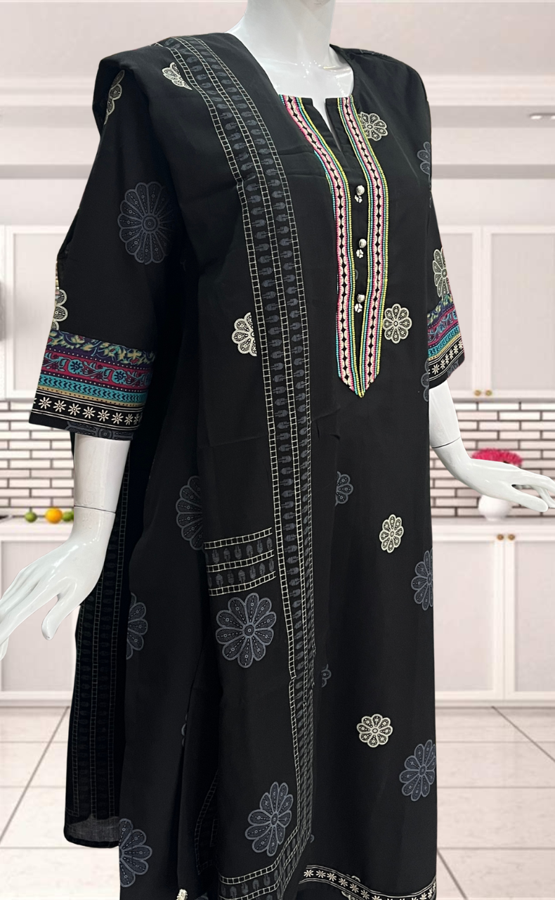 Black Floral Jaipur Cotton Kurti With Pant And Dupatta Set. Pure Versatile Cotton. | Laces and Frills