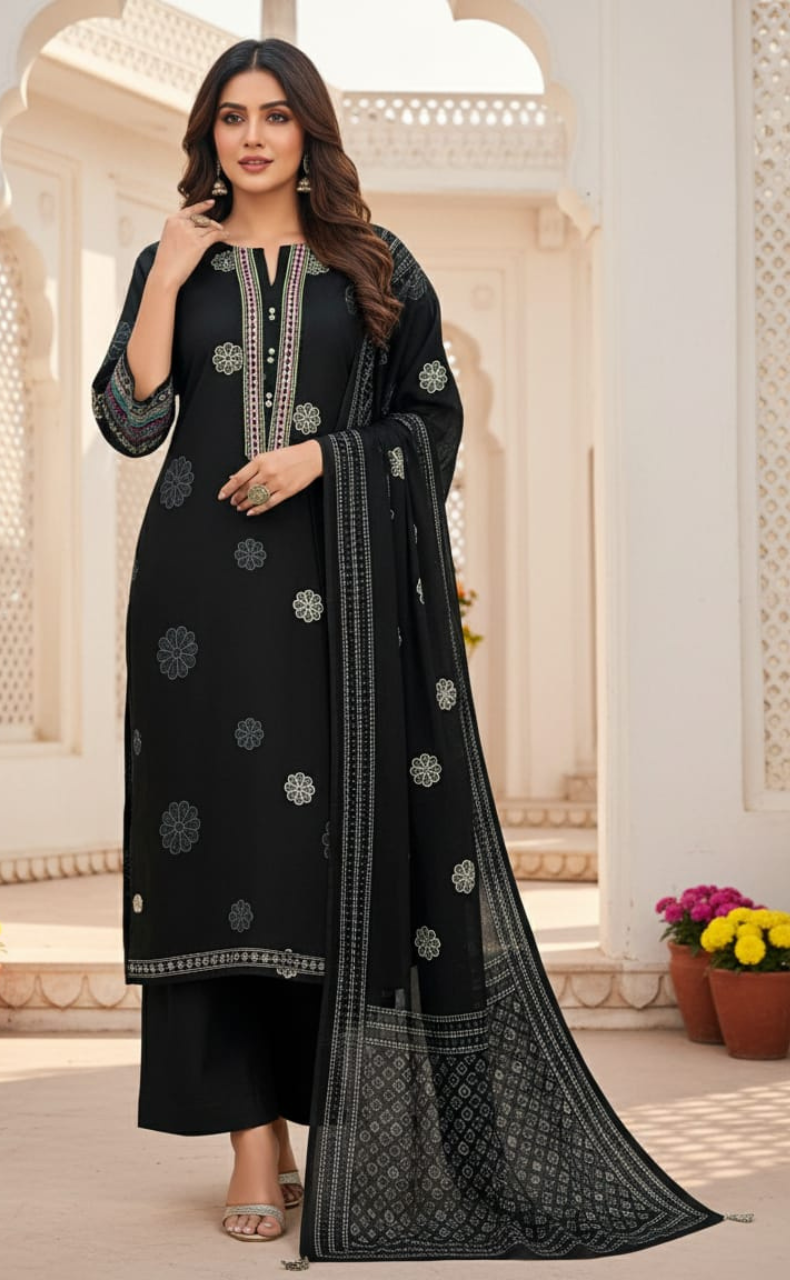Black Floral Jaipur Cotton Kurti With Pant And Dupatta Set. Pure Versatile Cotton. | Laces and Frills