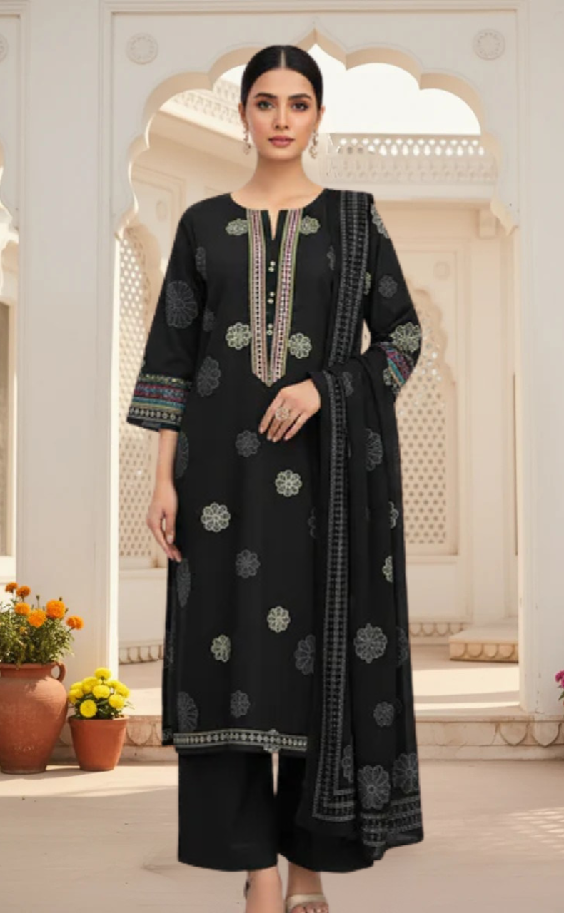 Black Floral Jaipur Cotton Kurti With Pant And Dupatta Set. Pure Versatile Cotton. | Laces and Frills