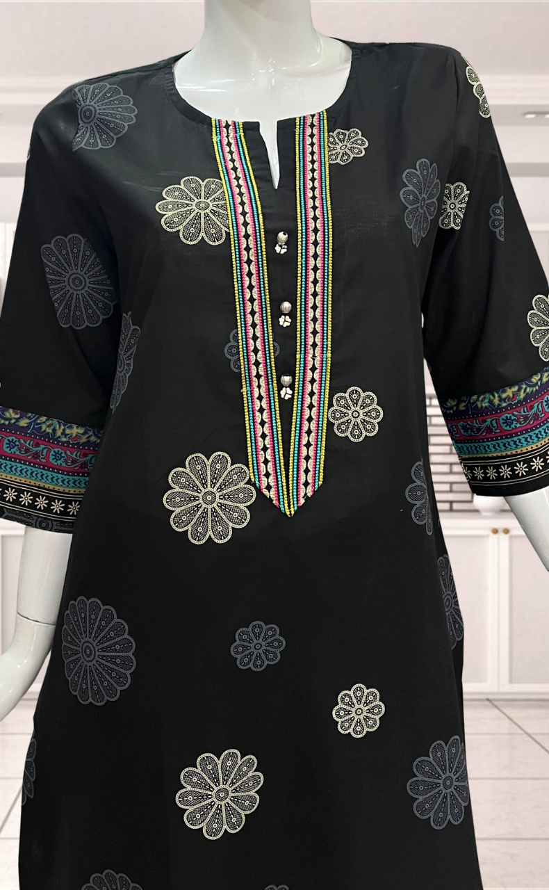 Black Floral Jaipur Cotton Kurti With Pant And Dupatta Set. Pure Versatile Cotton. | Laces and Frills