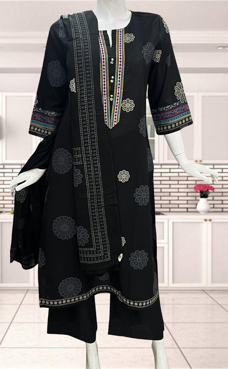 Black Floral Jaipur Cotton Kurti With Pant And Dupatta Set. Pure Versatile Cotton. | Laces and Frills