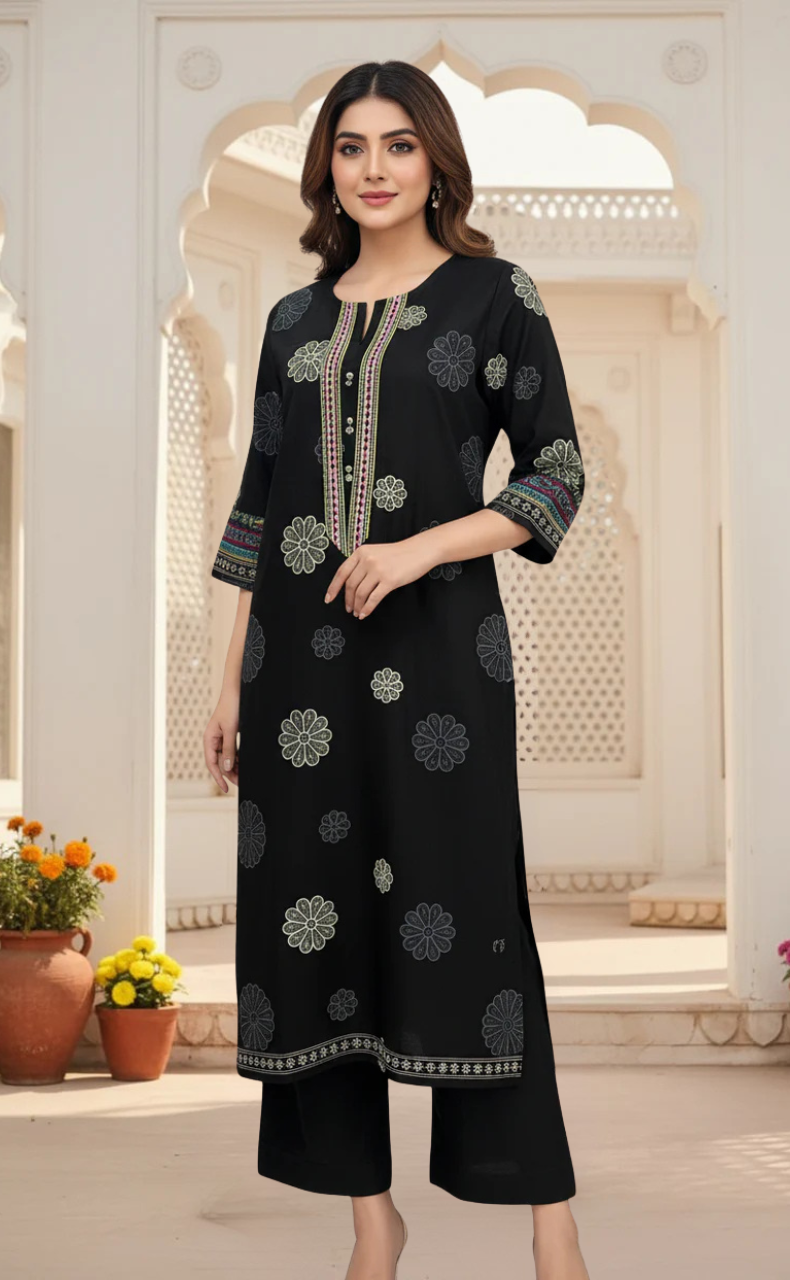 Black Floral Jaipur Cotton Kurti With Pant And Dupatta Set. Pure Versatile Cotton. | Laces and Frills