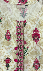 Off White/Pink Ethnic Print Jaipur Cotton Kurti With Pant And Dupatta Set. Pure Versatile Cotton. | Laces and Frills