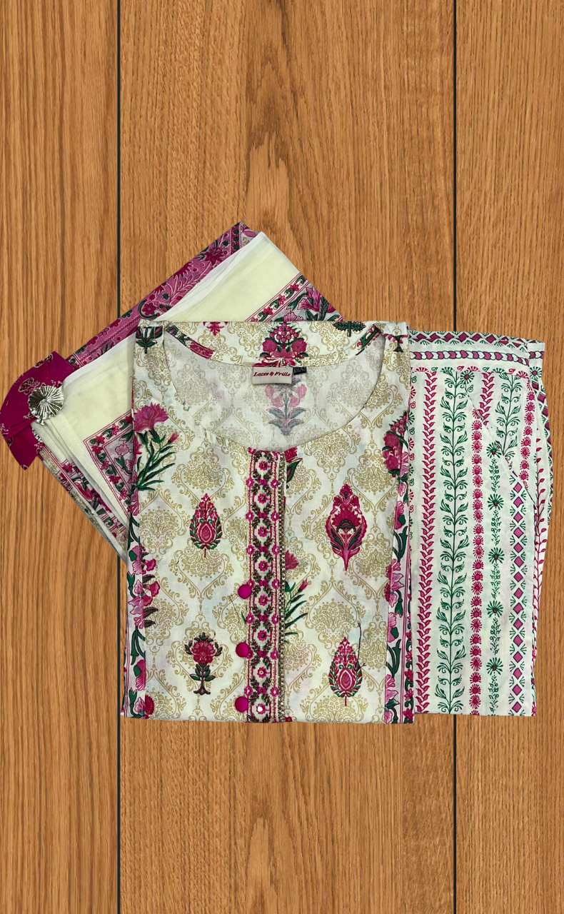 Off White/Pink Ethnic Print Jaipur Cotton Kurti With Pant And Dupatta Set. Pure Versatile Cotton. | Laces and Frills