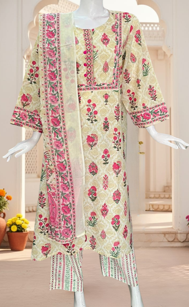 Off White/Pink Ethnic Print Jaipur Cotton Kurti With Pant And Dupatta Set. Pure Versatile Cotton. | Laces and Frills