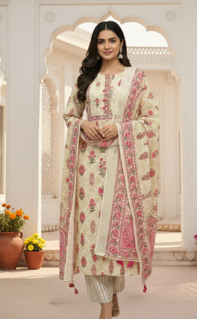 Off White/Pink Ethnic Print Jaipur Cotton Kurti With Pant And Dupatta Set. Pure Versatile Cotton. | Laces and Frills
