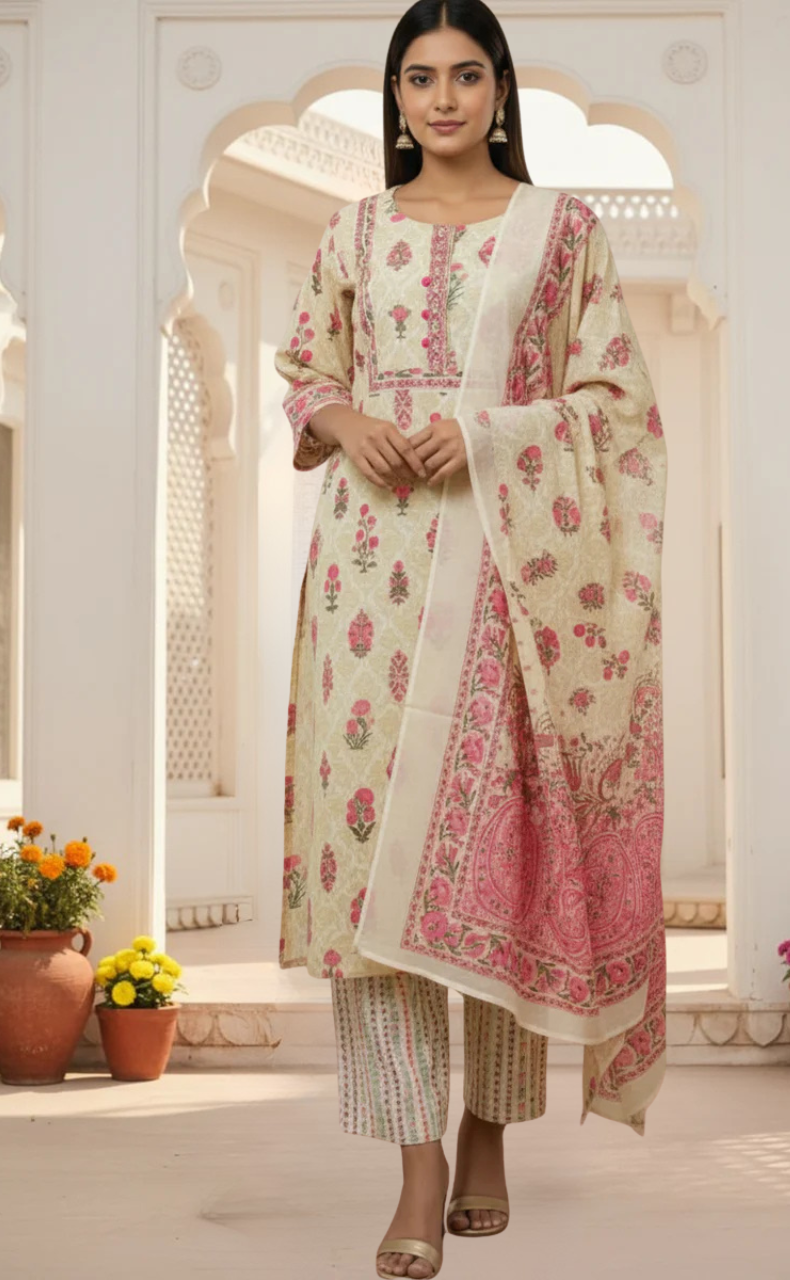 Off White/Pink Ethnic Print Jaipur Cotton Kurti With Pant And Dupatta Set. Pure Versatile Cotton. | Laces and Frills