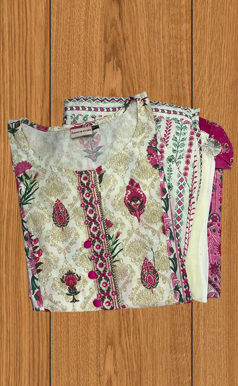 Off White/Pink Ethnic Print Jaipur Cotton Kurti With Pant And Dupatta Set. Pure Versatile Cotton. | Laces and Frills