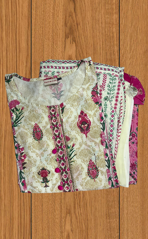 Off White/Pink Ethnic Print Jaipur Cotton Kurti With Pant And Dupatta Set. Pure Versatile Cotton. | Laces and Frills