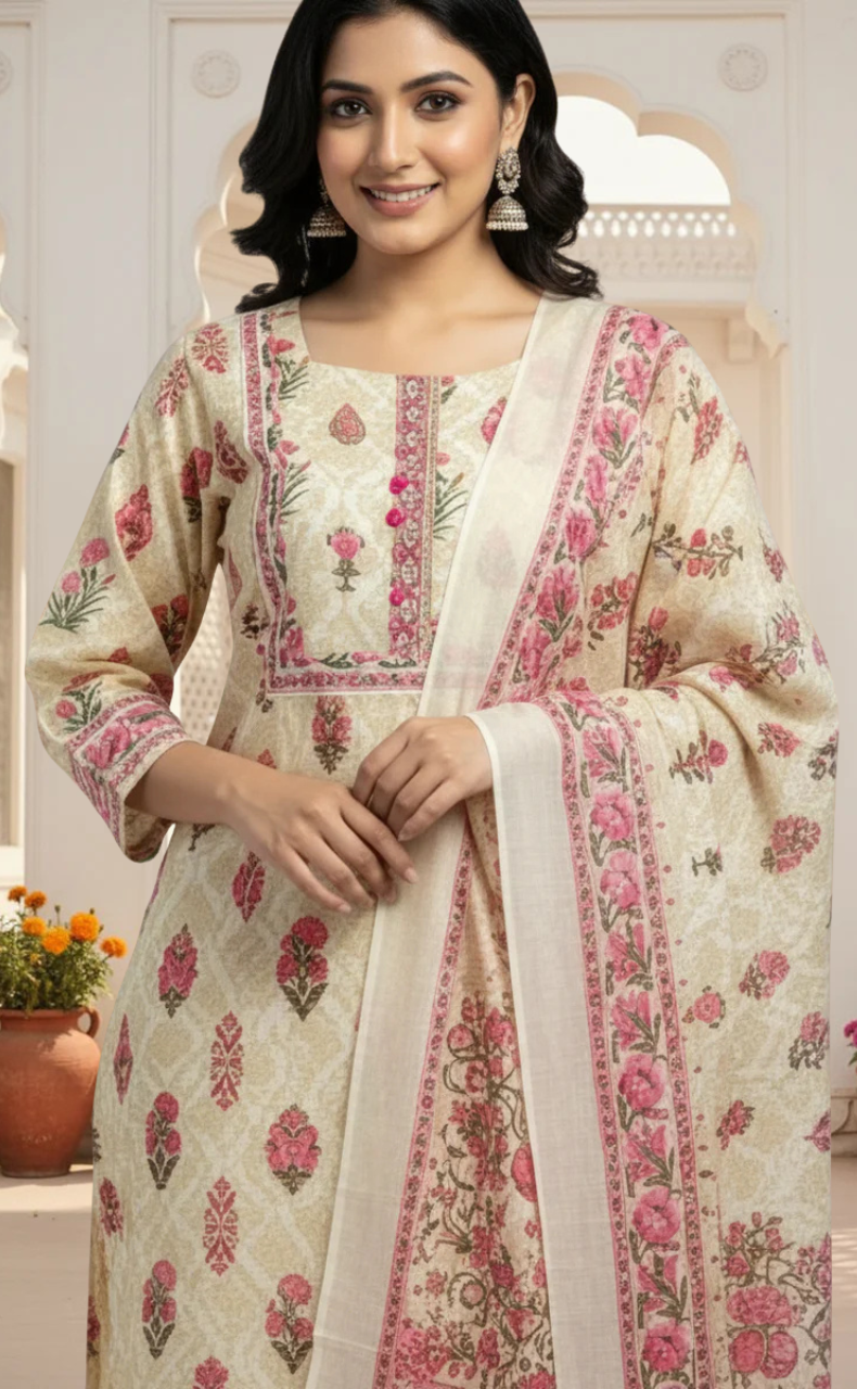 Off White/Pink Ethnic Print Jaipur Cotton Kurti With Pant And Dupatta Set. Pure Versatile Cotton. | Laces and Frills