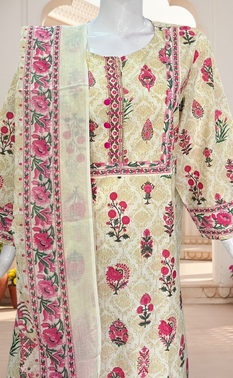 Off White/Pink Ethnic Print Jaipur Cotton Kurti With Pant And Dupatta Set. Pure Versatile Cotton. | Laces and Frills