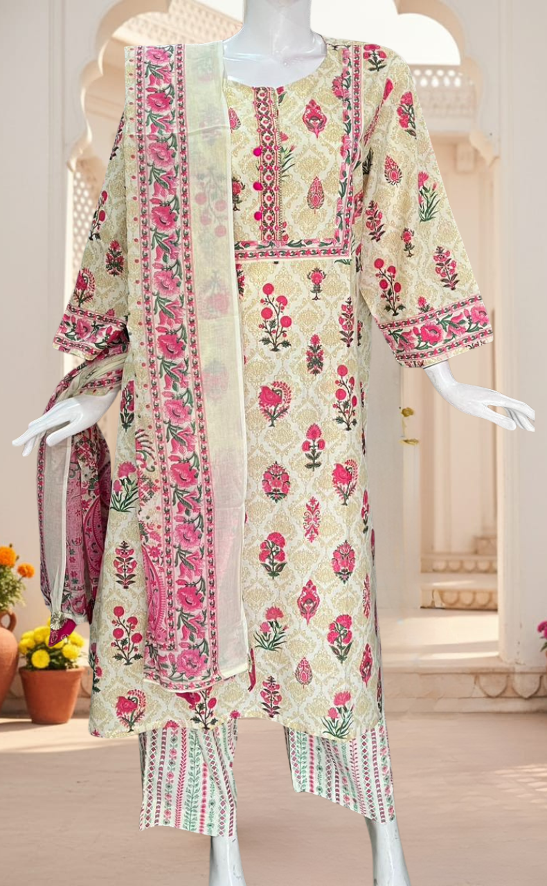 Off White/Pink Ethnic Print Jaipur Cotton Kurti With Pant And Dupatta Set. Pure Versatile Cotton. | Laces and Frills