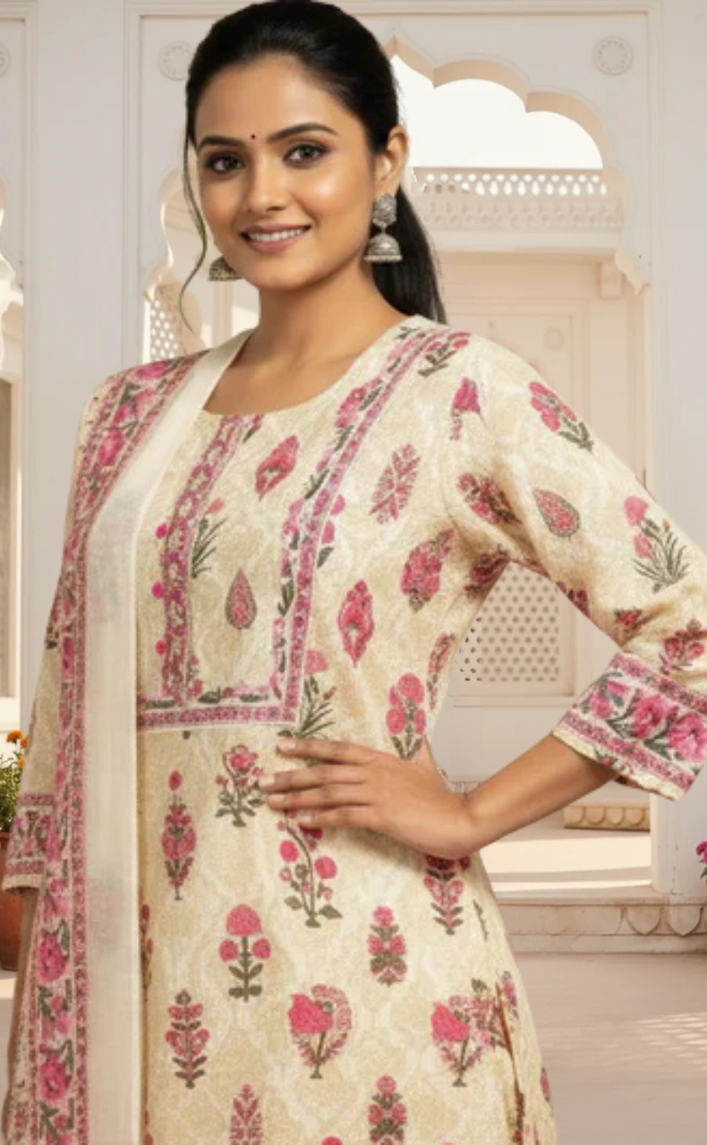 Off White/Pink Ethnic Print Jaipur Cotton Kurti With Pant And Dupatta Set. Pure Versatile Cotton. | Laces and Frills