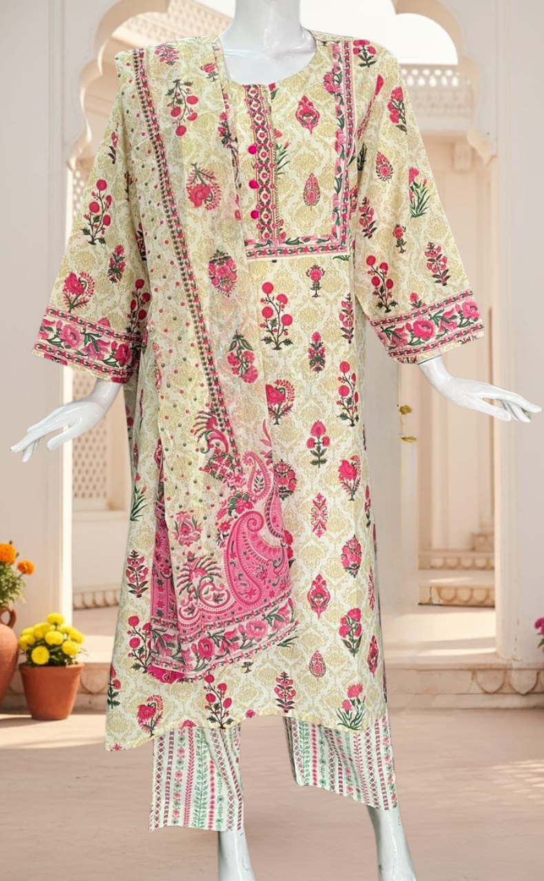 Off White/Pink Ethnic Print Jaipur Cotton Kurti With Pant And Dupatta Set. Pure Versatile Cotton. | Laces and Frills