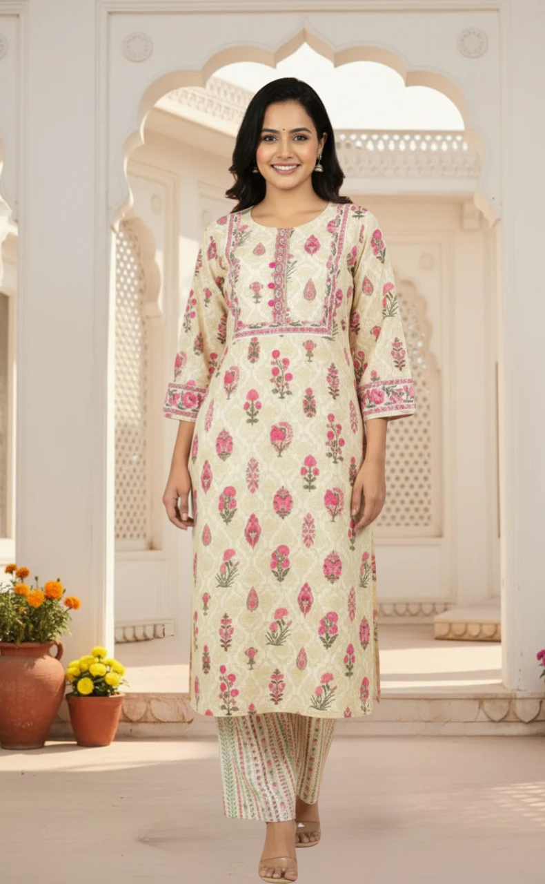 Off White/Pink Ethnic Print Jaipur Cotton Kurti With Pant And Dupatta Set. Pure Versatile Cotton. | Laces and Frills