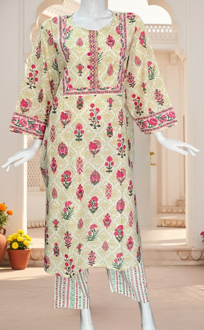 Off White/Pink Ethnic Print Jaipur Cotton Kurti With Pant And Dupatta Set. Pure Versatile Cotton. | Laces and Frills