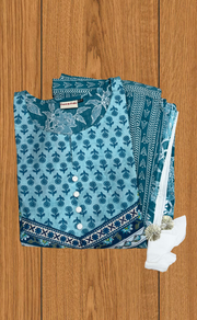 Sea Green Garden Jaipur Cotton Kurti With Pant And Dupatta Set. Pure Versatile Cotton. | Laces and Frills