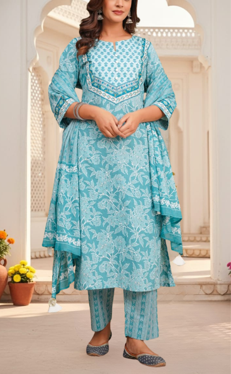 Sea Green Garden Jaipur Cotton Kurti With Pant And Dupatta Set. Pure Versatile Cotton. | Laces and Frills