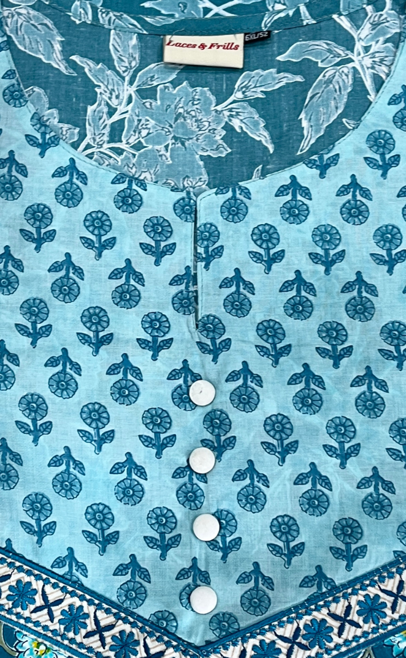 Sea Green Garden Jaipur Cotton Kurti With Pant And Dupatta Set. Pure Versatile Cotton. | Laces and Frills