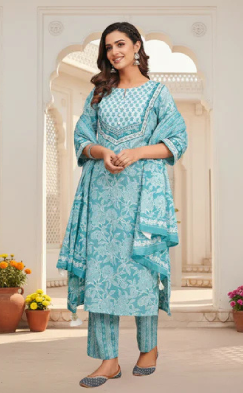 Sea Green Garden Jaipur Cotton Kurti With Pant And Dupatta Set. Pure Versatile Cotton. | Laces and Frills