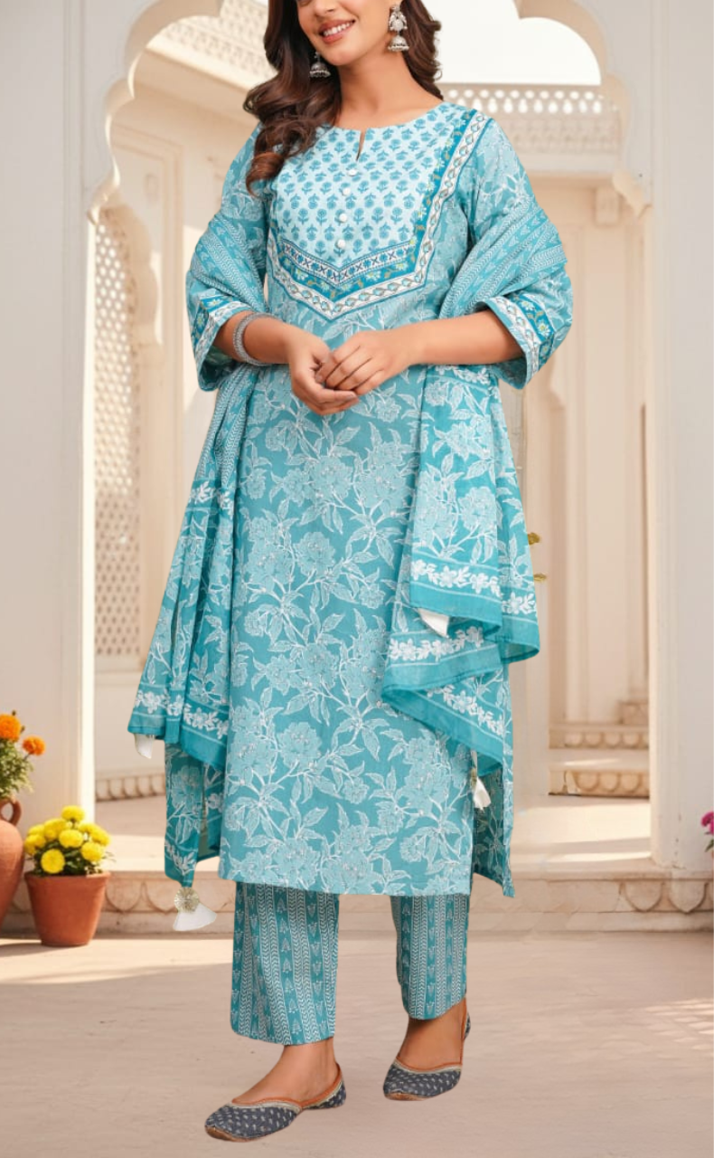 Sea Green Garden Jaipur Cotton Kurti With Pant And Dupatta Set. Pure Versatile Cotton. | Laces and Frills