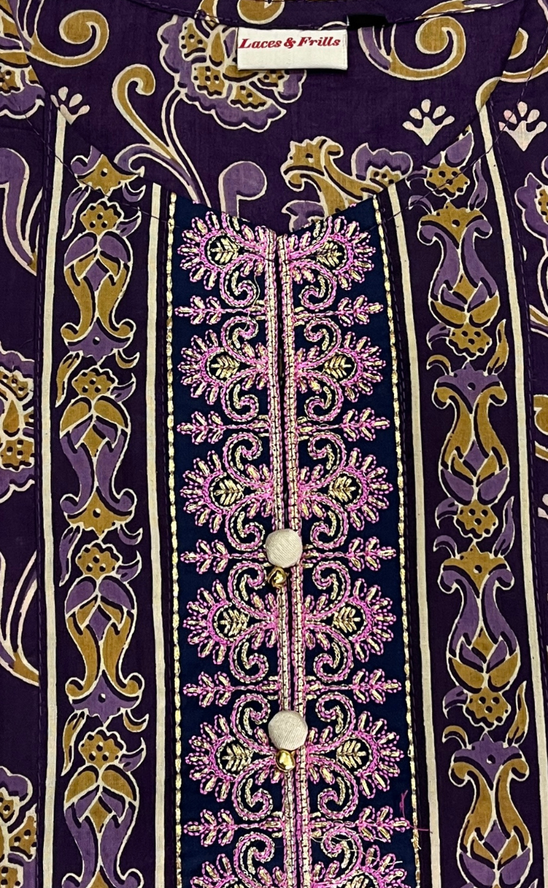 Violet Floral Jaipur Cotton Kurti With Pant And Dupatta Set. Pure Versatile Cotton. | Laces and Frills