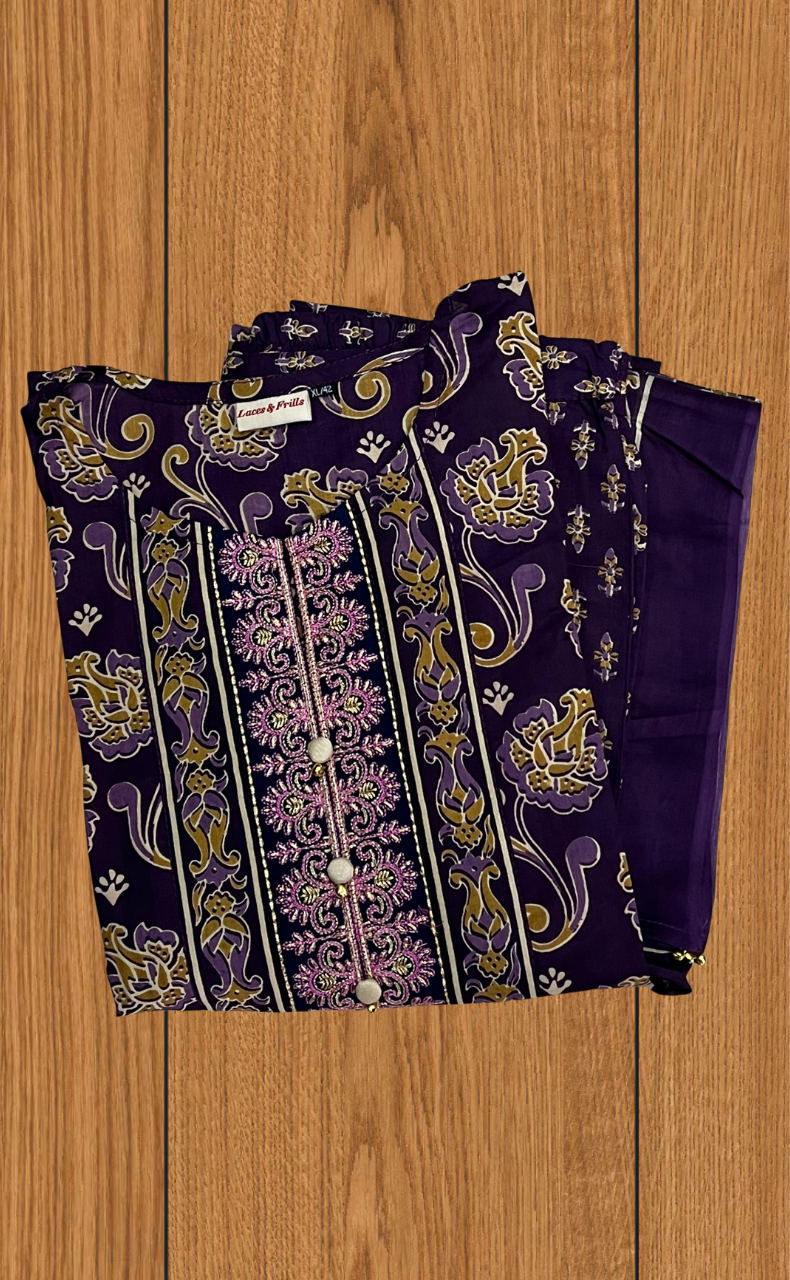 Violet Floral Jaipur Cotton Kurti With Pant And Dupatta Set. Pure Versatile Cotton. | Laces and Frills