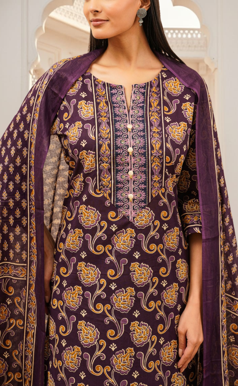 Violet Floral Jaipur Cotton Kurti With Pant And Dupatta Set. Pure Versatile Cotton. | Laces and Frills