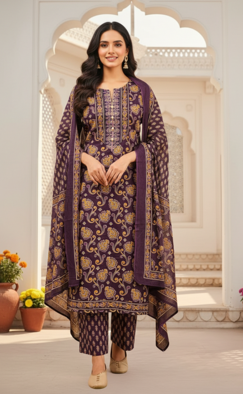 Violet Floral Jaipur Cotton Kurti With Pant And Dupatta Set. Pure Versatile Cotton. | Laces and Frills