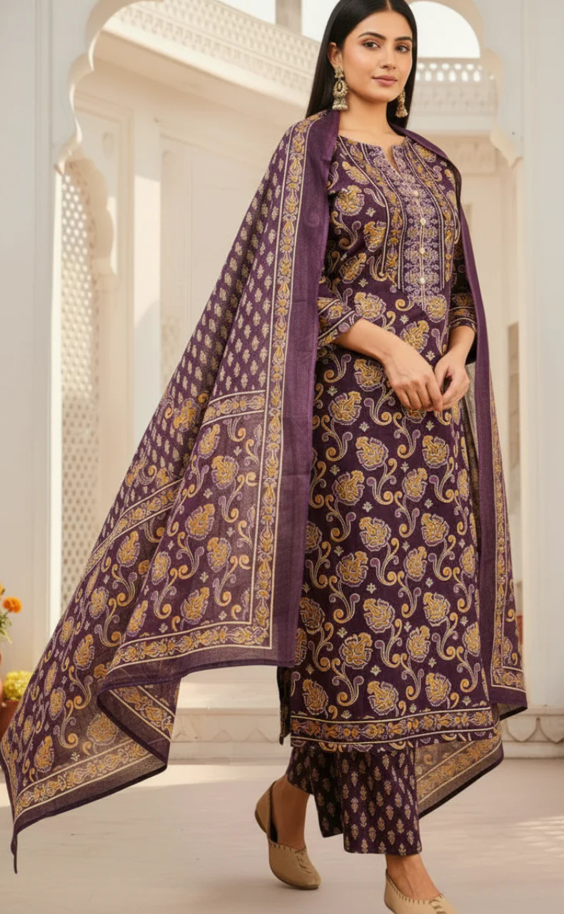 Violet Floral Jaipur Cotton Kurti With Pant And Dupatta Set. Pure Versatile Cotton. | Laces and Frills