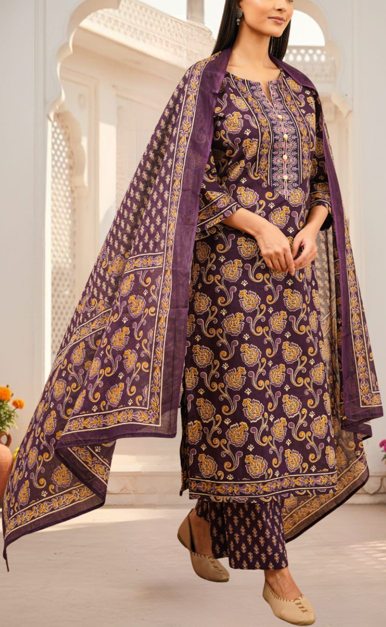 Violet Floral Jaipur Cotton Kurti With Pant And Dupatta Set. Pure Versatile Cotton. | Laces and Frills