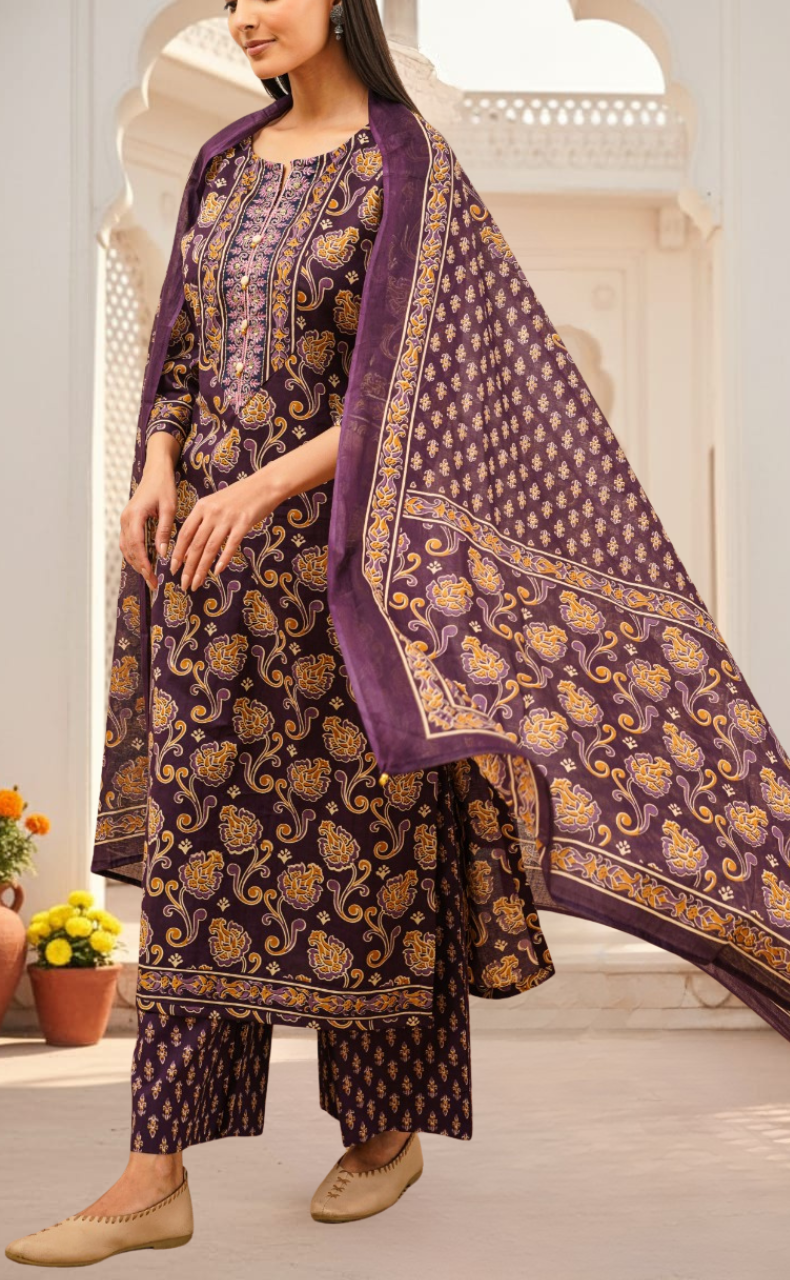 Violet Floral Jaipur Cotton Kurti With Pant And Dupatta Set. Pure Versatile Cotton. | Laces and Frills