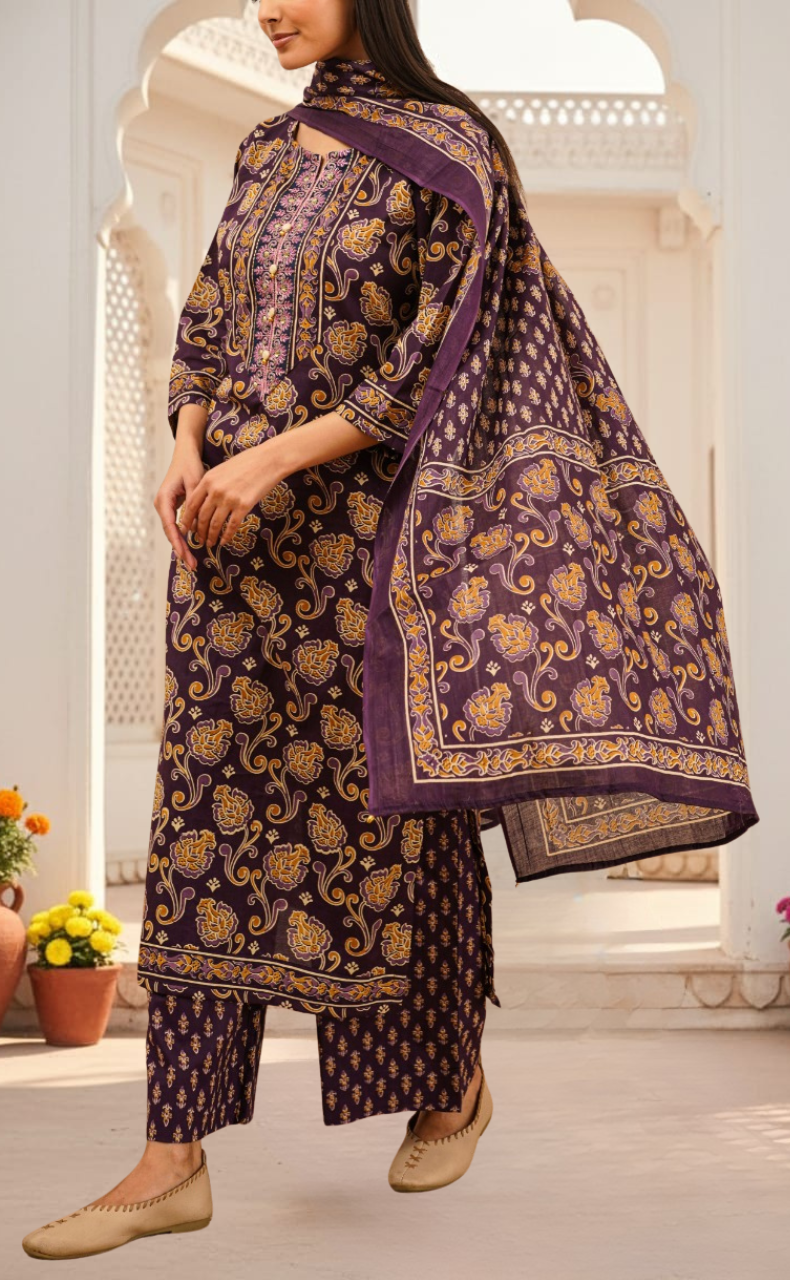Violet Floral Jaipur Cotton Kurti With Pant And Dupatta Set. Pure Versatile Cotton. | Laces and Frills