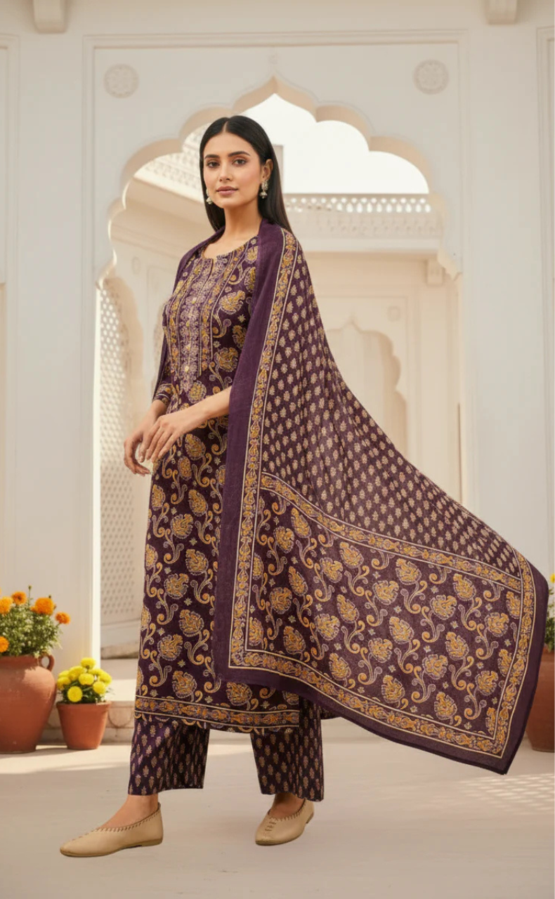 Violet Floral Jaipur Cotton Kurti With Pant And Dupatta Set. Pure Versatile Cotton. | Laces and Frills