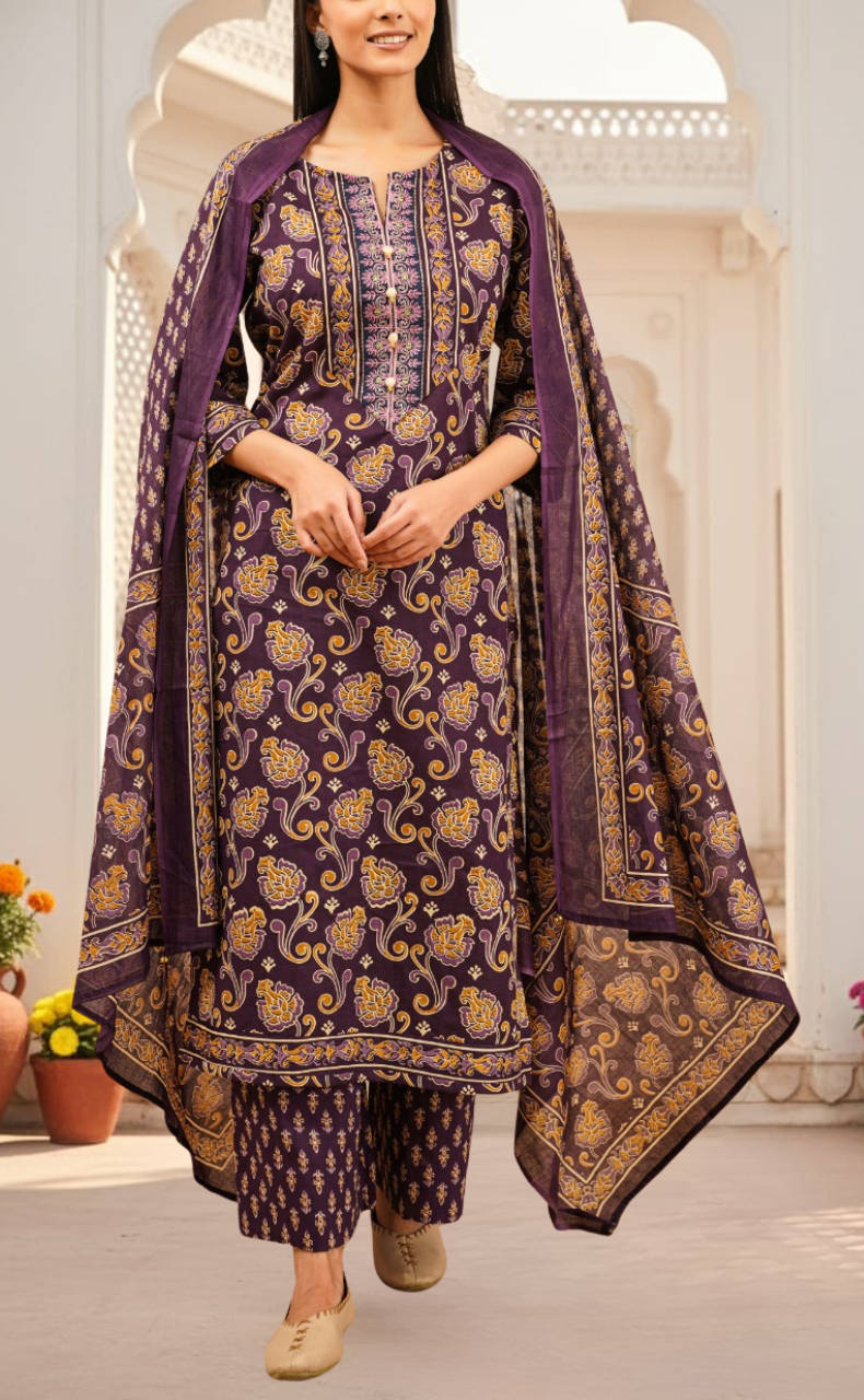 Violet Floral Jaipur Cotton Kurti With Pant And Dupatta Set. Pure Versatile Cotton. | Laces and Frills