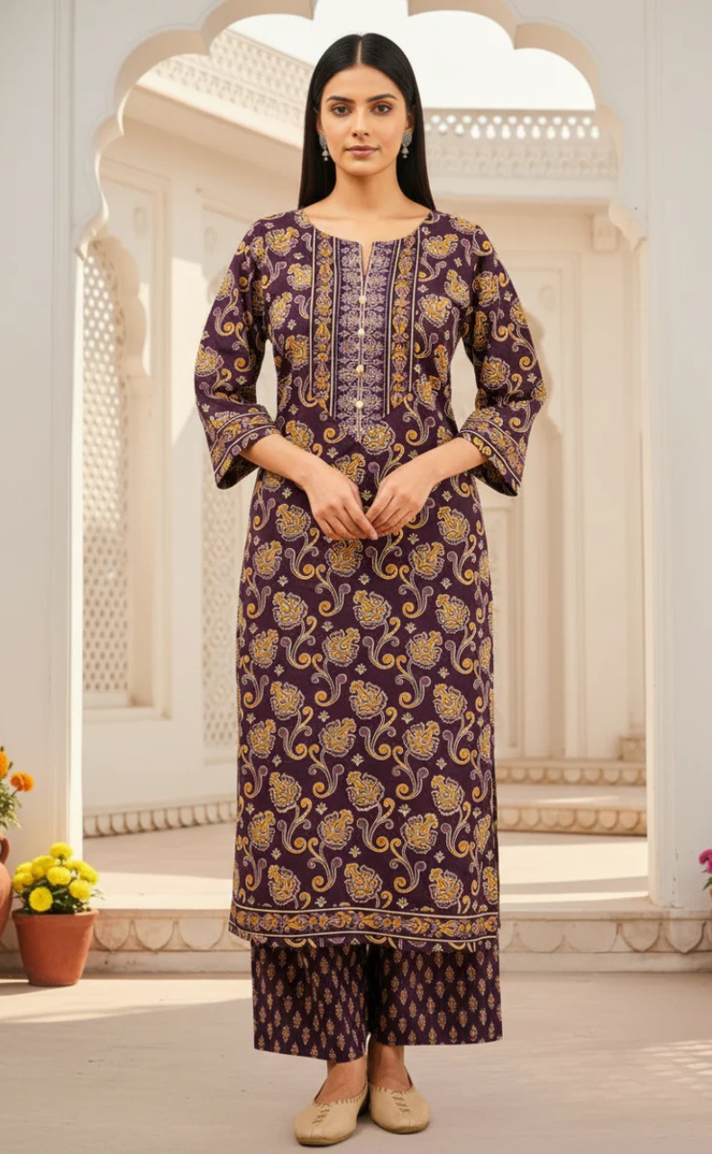 Violet Floral Jaipur Cotton Kurti With Pant And Dupatta Set. Pure Versatile Cotton. | Laces and Frills