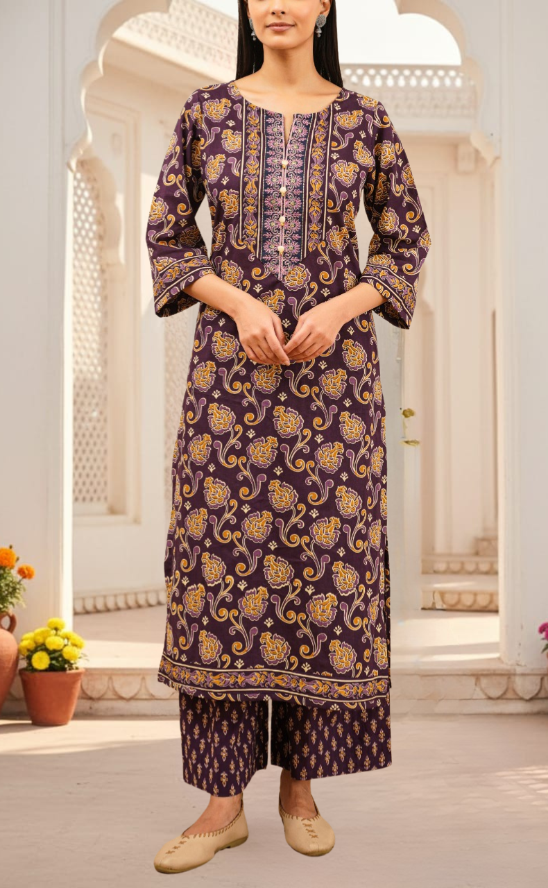 Violet Floral Jaipur Cotton Kurti With Pant And Dupatta Set. Pure Versatile Cotton. | Laces and Frills
