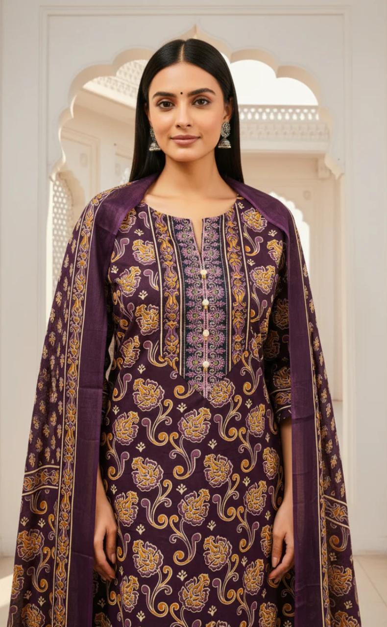 Violet Floral Jaipur Cotton Kurti With Pant And Dupatta Set. Pure Versatile Cotton. | Laces and Frills