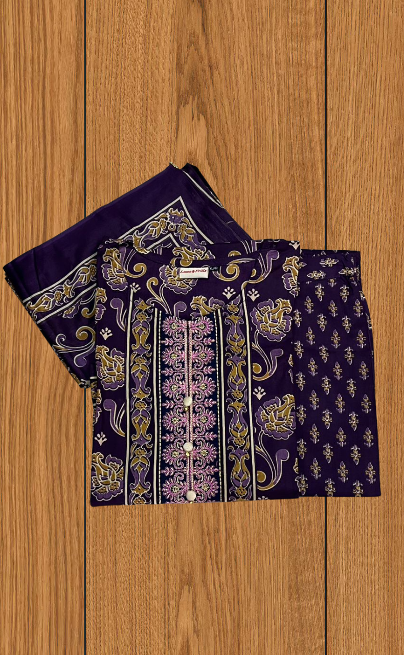 Violet Floral Jaipur Cotton Kurti With Pant And Dupatta Set. Pure Versatile Cotton. | Laces and Frills