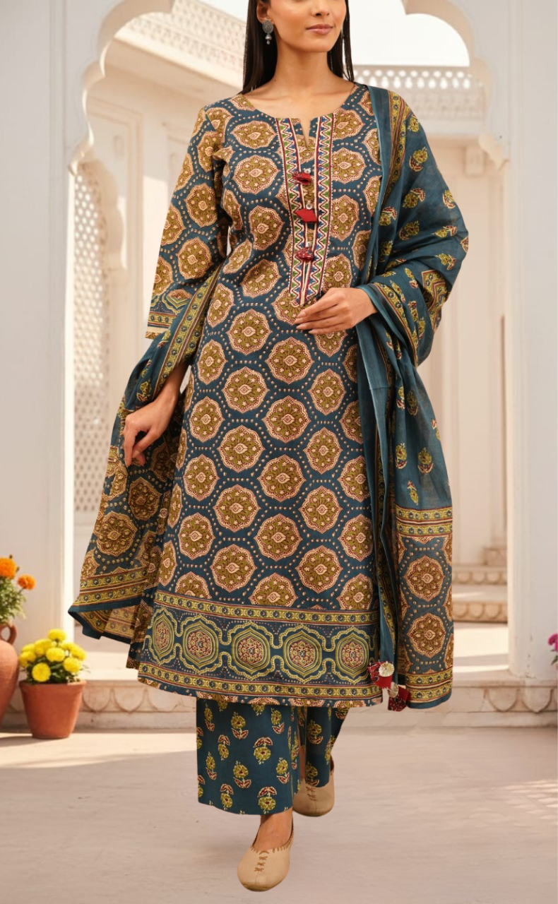 Indigo Blue Ethnic Print Jaipur Cotton Kurti With Pant And Dupatta Set. Pure Versatile Cotton. | Laces and Frills