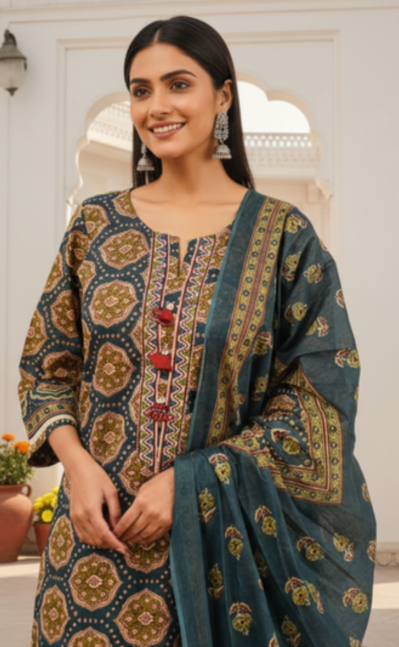 Indigo Blue Ethnic Print Jaipur Cotton Kurti With Pant And Dupatta Set. Pure Versatile Cotton. | Laces and Frills
