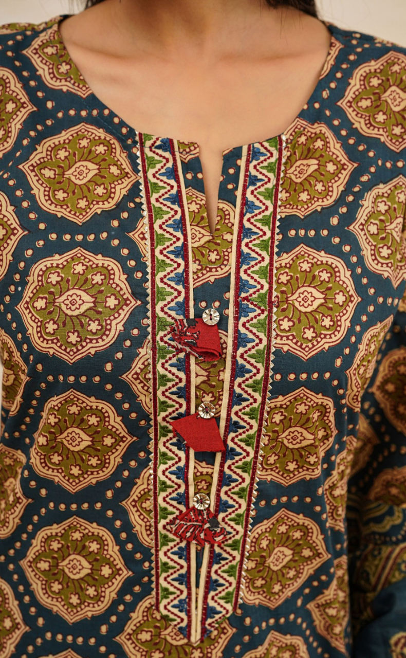 Indigo Blue Ethnic Print Jaipur Cotton Kurti With Pant And Dupatta Set. Pure Versatile Cotton. | Laces and Frills