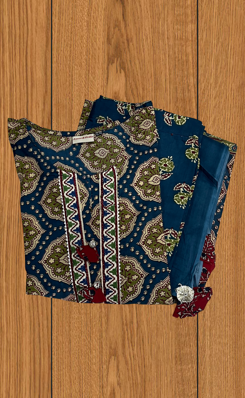 Indigo Blue Ethnic Print Jaipur Cotton Kurti With Pant And Dupatta Set. Pure Versatile Cotton. | Laces and Frills