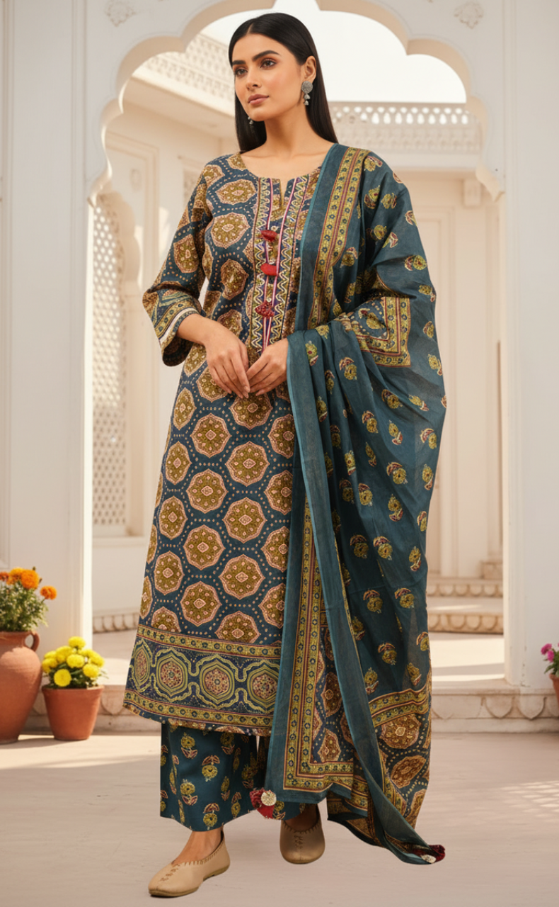 Indigo Blue Ethnic Print Jaipur Cotton Kurti With Pant And Dupatta Set. Pure Versatile Cotton. | Laces and Frills