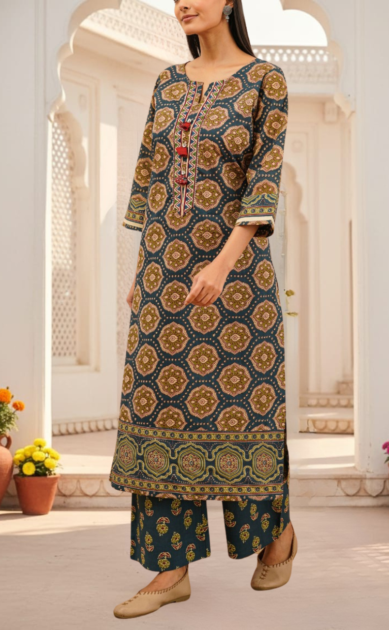 Indigo Blue Ethnic Print Jaipur Cotton Kurti With Pant And Dupatta Set. Pure Versatile Cotton. | Laces and Frills